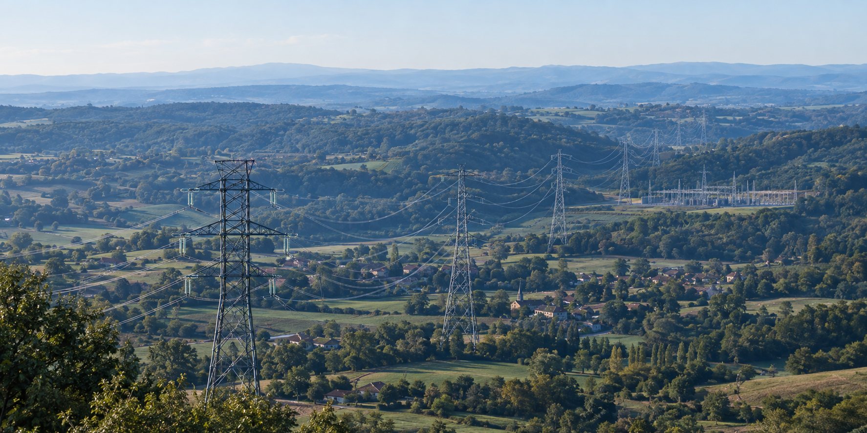 Lignes à haute tension traversant la campagne vers un poste électrique