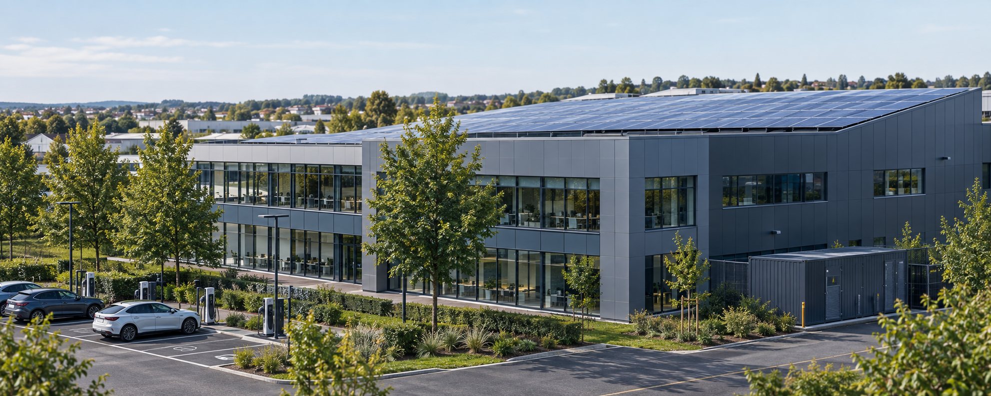 Bâtiment tertiaire équipé de panneaux solaires, bornes de recharge et stockage